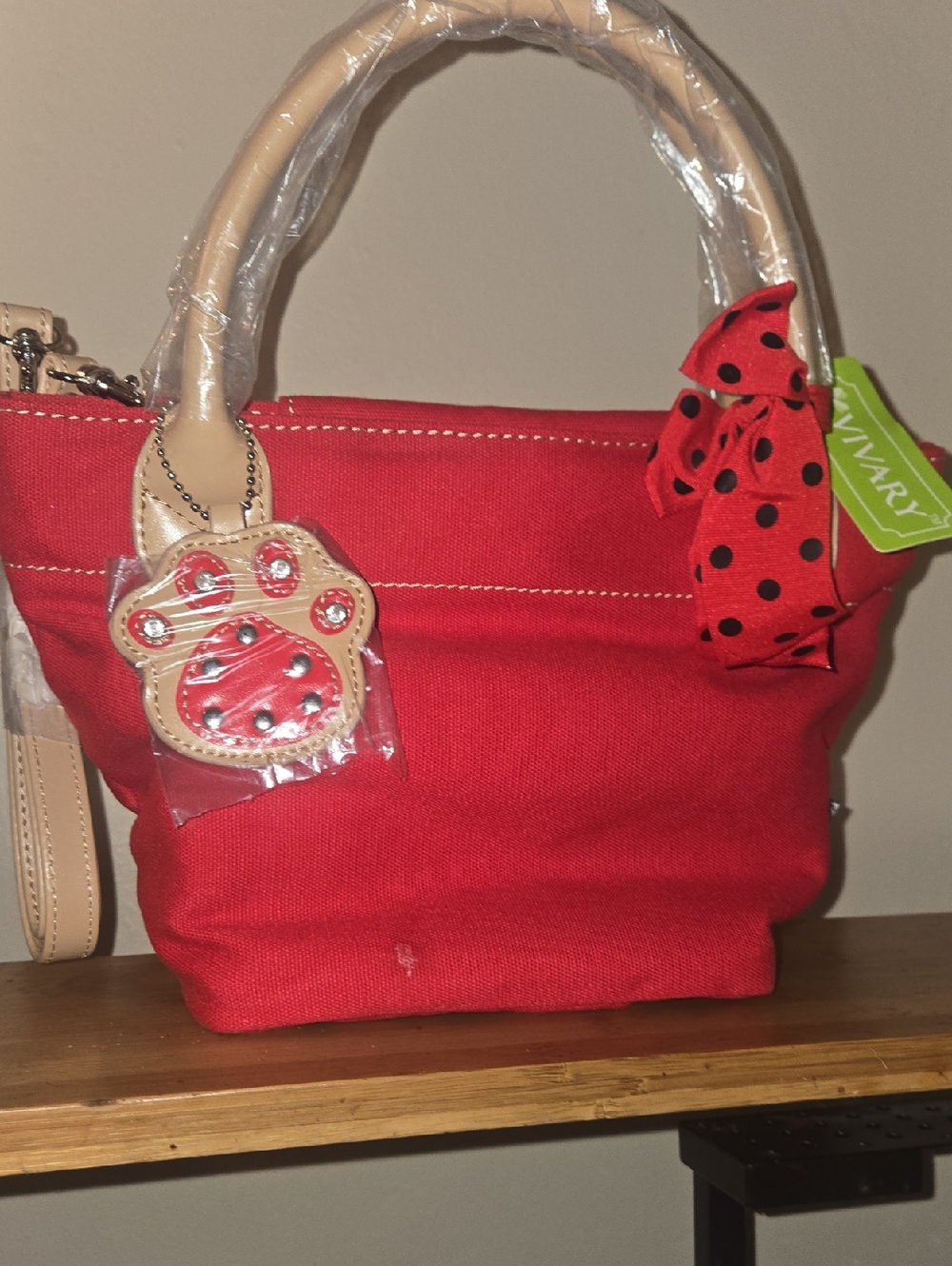 Red Canvas Tote Bag with Polka Dot Bow